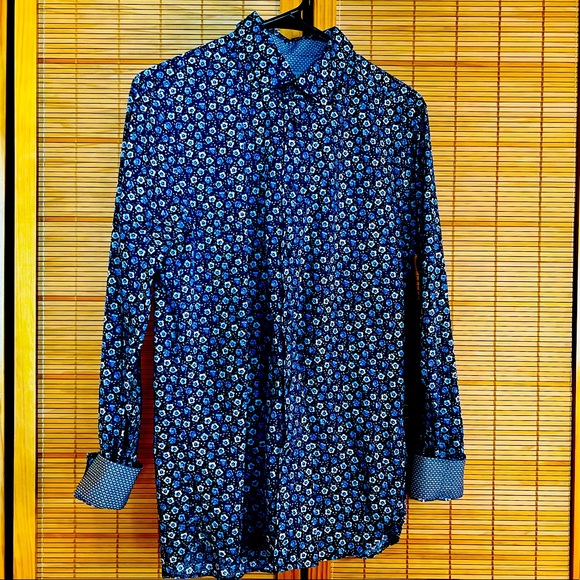 Ted Baker London Men’s Button Down Blue Floral Pattern Sz 3, Geometric Flip Cuff - Picture 2 of 7